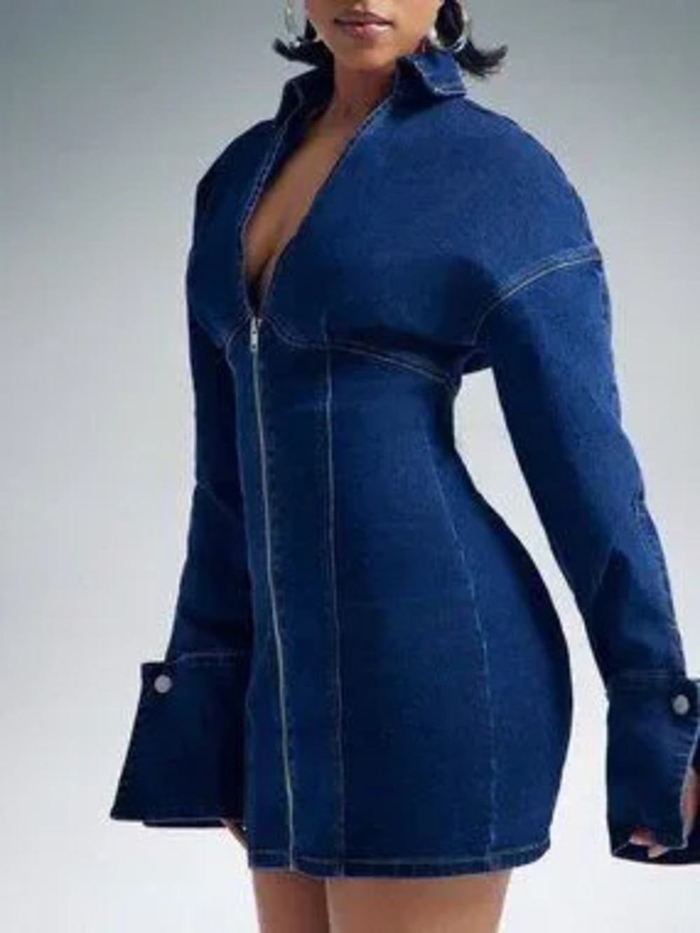 ZARA Dark Wash Casual Women's Cinched Waist Zip Front Denim Mini Dress